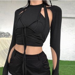 Cut Out Black Long Sleeve Designer Tops