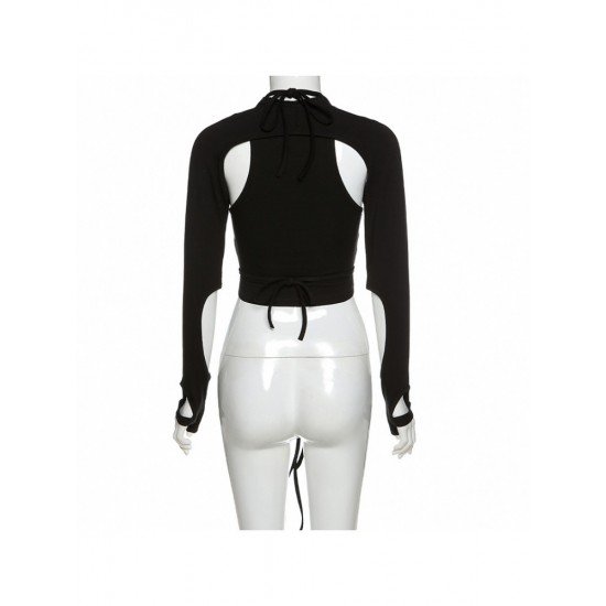 Cut Out Black Long Sleeve Designer Tops