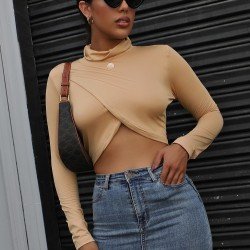 Turtle Neck Black Long Sleeve Crop Tops