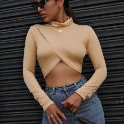 Turtle Neck Black Long Sleeve Crop Tops