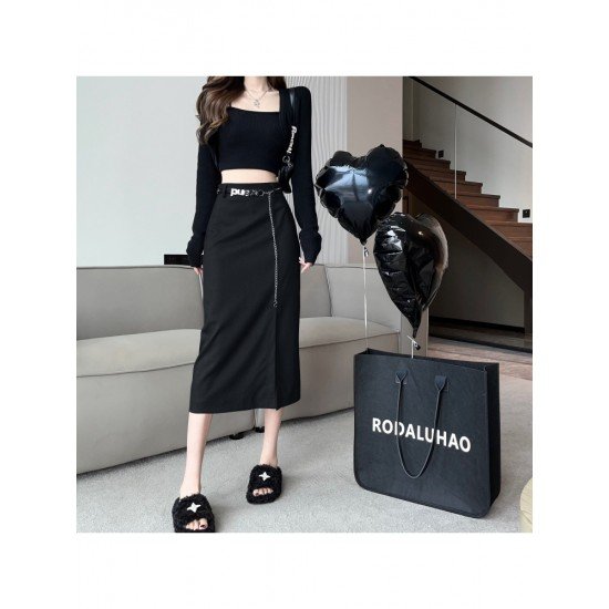  2024 Autumn Split Hem Skirt With Waist Chain