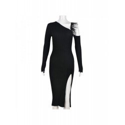 Stylish Black Inclined Shoulder Slit Long Sleeve Dresses Stylish Black Inclined Shoulder Slit Long Sleeve Dresses