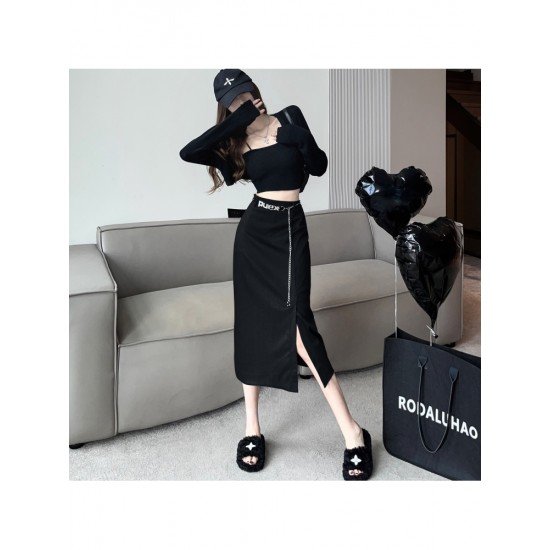  2024 Autumn Split Hem Skirt With Waist Chain