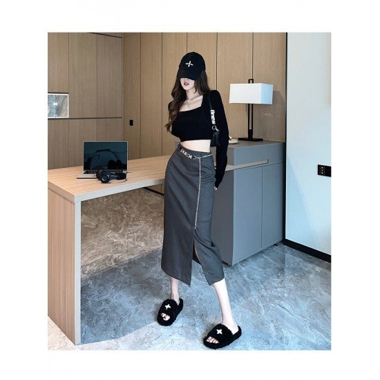  2024 Autumn Split Hem Skirt With Waist Chain