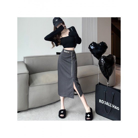  2024 Autumn Split Hem Skirt With Waist Chain