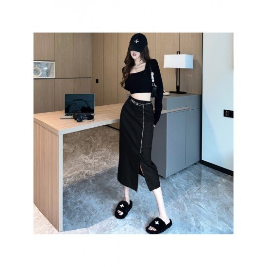  2024 Autumn Split Hem Skirt With Waist Chain