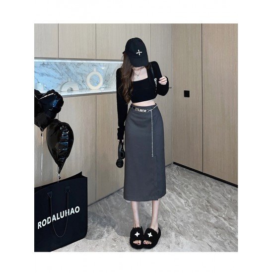  2024 Autumn Split Hem Skirt With Waist Chain