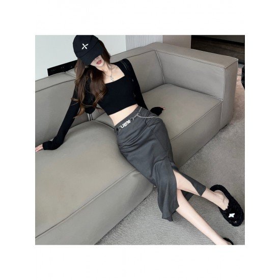  2024 Autumn Split Hem Skirt With Waist Chain