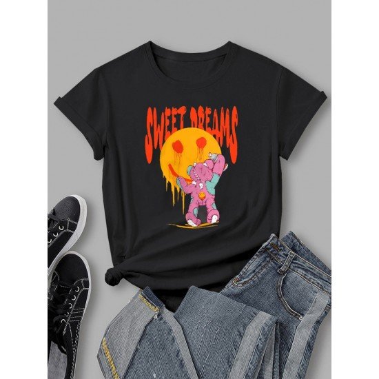 Face Smile Broken Bear Graphic T Shirts For Women