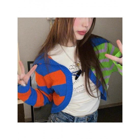  2024 Fall Colorblock Women's Short Knit Cardigan