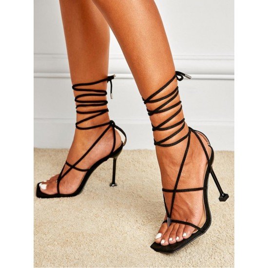  2024 Foreign PU Bandage Square Toe Women's Heels