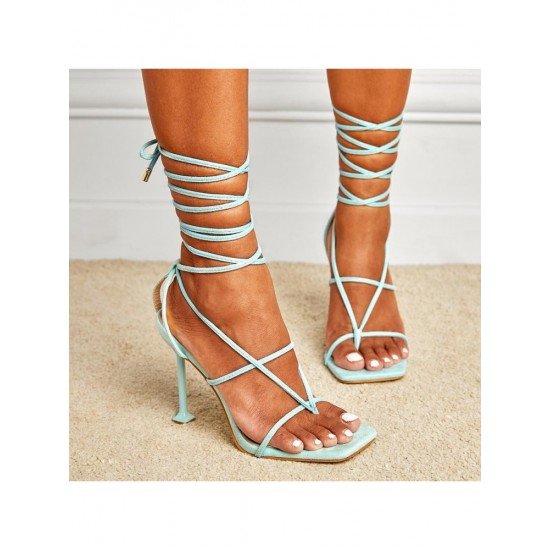  2024 Foreign PU Bandage Square Toe Women's Heels
