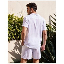 Casual Plain Linen Button Shirt Shorts Set Men Casual Plain Linen Button Shirt Shorts Set Men