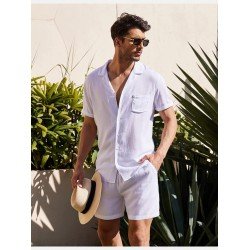 Casual Plain Linen Button Shirt Shorts Set Men Casual Plain Linen Button Shirt Shorts Set Men