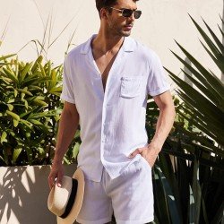Casual Plain Linen Button Shirt Shorts Set Men