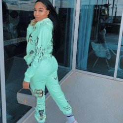  Casual Graffiti Printing Hooded Women's Trouser Two-Piece Suit