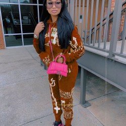  Casual Graffiti Printing Hooded Women's Trouser Two-Piece Suit
