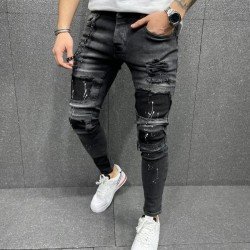Patchwork Ripped Black Pencil Jeans For Men