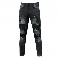 Patchwork Ripped Black Pencil Jeans For Men