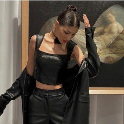 PU Leather Black Cropped Sleeveless Tank Top