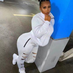  Pure Color Casual Ripped Zipper Women's Suits