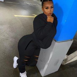  Pure Color Casual Ripped Zipper Women's Suits