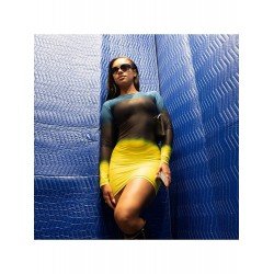 Women's Gradient Color Round Neck Mesh Hip Dress  Women's Gradient Color Round Neck Mesh Hip Dress