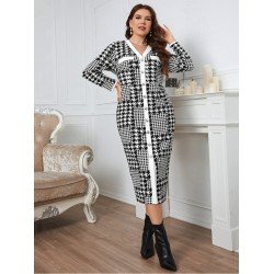 V Neck Houndstooth Women's Long Sleeve Dress  V Neck Houndstooth Women's Long Sleeve Dress