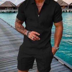  Men's Casual Pure Color Polo Shirt And Shorts Sets