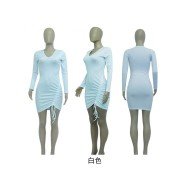 V Neck Ruched Solid Long Sleeve Mini Dress