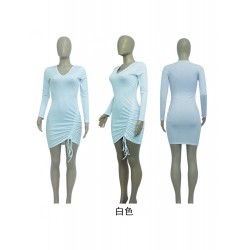V Neck Ruched Solid Long Sleeve Mini Dress V Neck Ruched Solid Long Sleeve Mini Dress