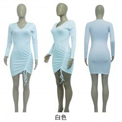 V Neck Ruched Solid Long Sleeve Mini Dress