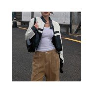  2024 PU Contrast Color Women's Long Sleeve Jacket