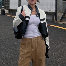  2024 PU Contrast Color Women's Long Sleeve Jacket