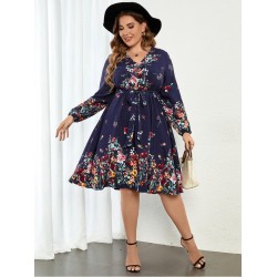 Casual V-Neck Floral Long Sleeve Dress  Casual V-Neck Floral Long Sleeve Dress