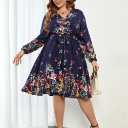  Casual V-Neck Floral Long Sleeve Dress