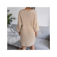 V Neck Striped Lantern Sleeve Sweater Dress