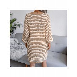 V Neck Striped Lantern Sleeve Sweater Dress V Neck Striped Lantern Sleeve Sweater Dress