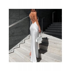 Elegant Backless Satin Split Pure Color Sleeveless Dress  Elegant Backless Satin Split Pure Color Sleeveless Dress