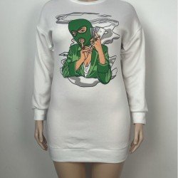  Casual Printed White Loose Sweatshirt Short Dresses