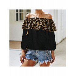 Casual Leopard Print Patchwork Off Shoulder Women's Top  Casual Leopard Print Patchwork Off Shoulder Women's Top