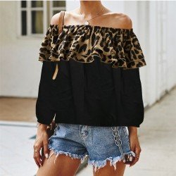  Casual Leopard Print Patchwork Off Shoulder Women's Top