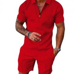 Men's Casual Pure Color Polo Shirt And Shorts Sets