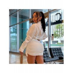 Sexy White Ruched Long Sleeve Mini Shirt Dress Sexy White Ruched Long Sleeve Mini Shirt Dress