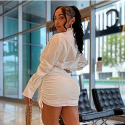 Sexy White Ruched Long Sleeve Mini Shirt Dress