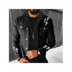 Street Cross Patchwork Black Denim Jackets For Men Street Cross Patchwork Black Denim Jackets For Men