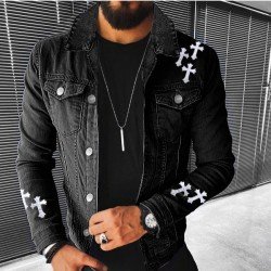 Street Cross Patchwork Black Denim Jackets For Men