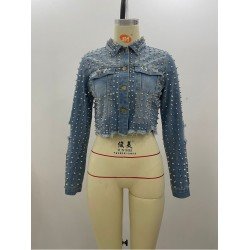 Rivets Long Sleeve Cropped Denim Jackets For Women Rivets Long Sleeve Cropped Denim Jackets For Women