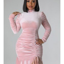  Pure Color Velvet Drawstring Ruffle Short Dress