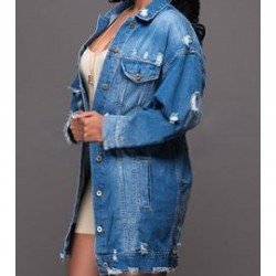 Fall Blue Ripped Long Sleeve Denim Jackets